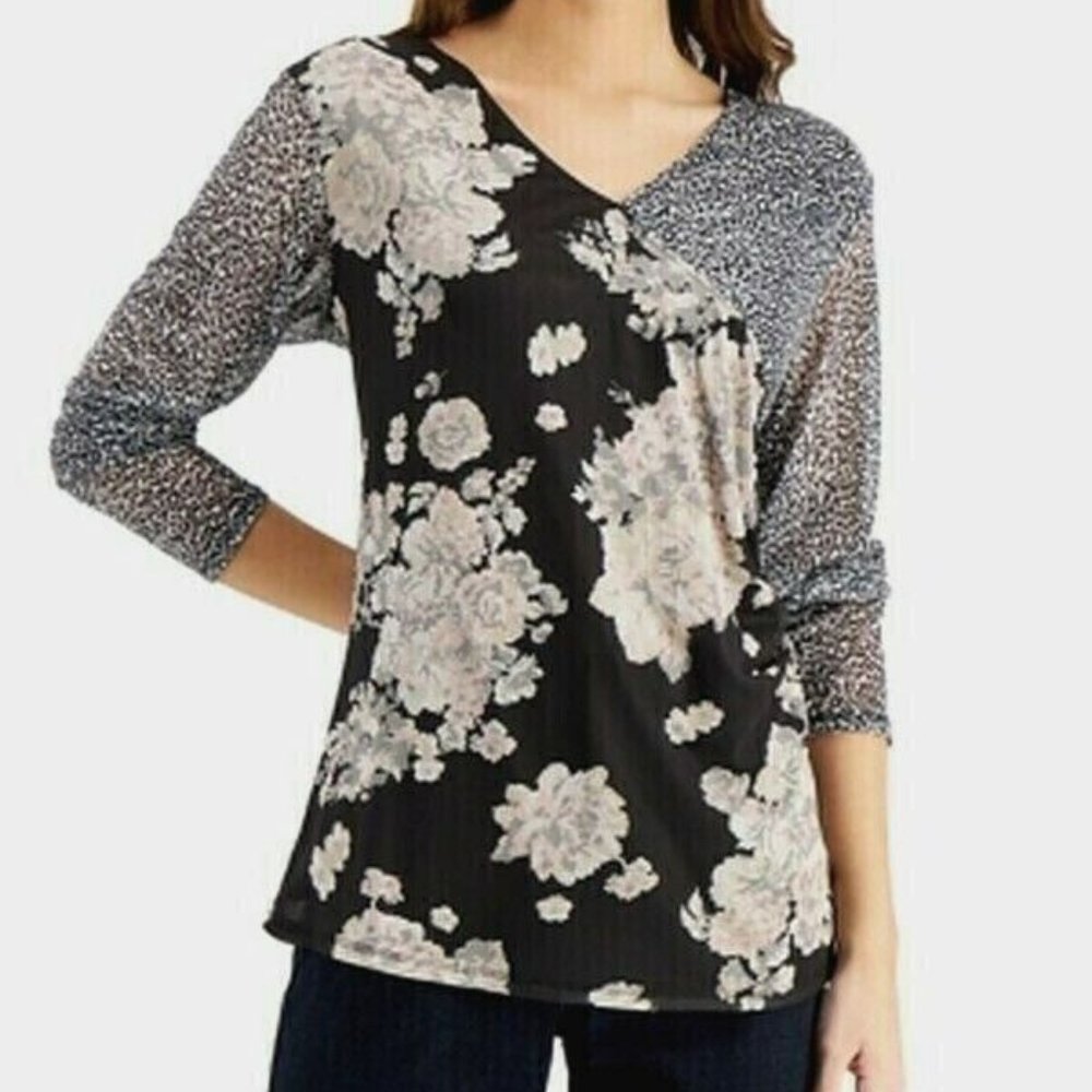 Willow Drive Womens XS Bloom Cheetah Mesh Sleeve Wrap Top NWT AL13